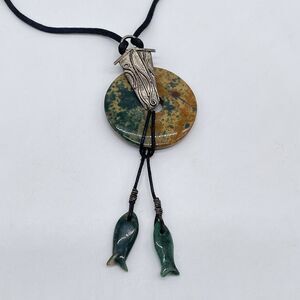 Boho Tribal Donut Pendant Necklace Green Stone Look Fish Charms Black Cord